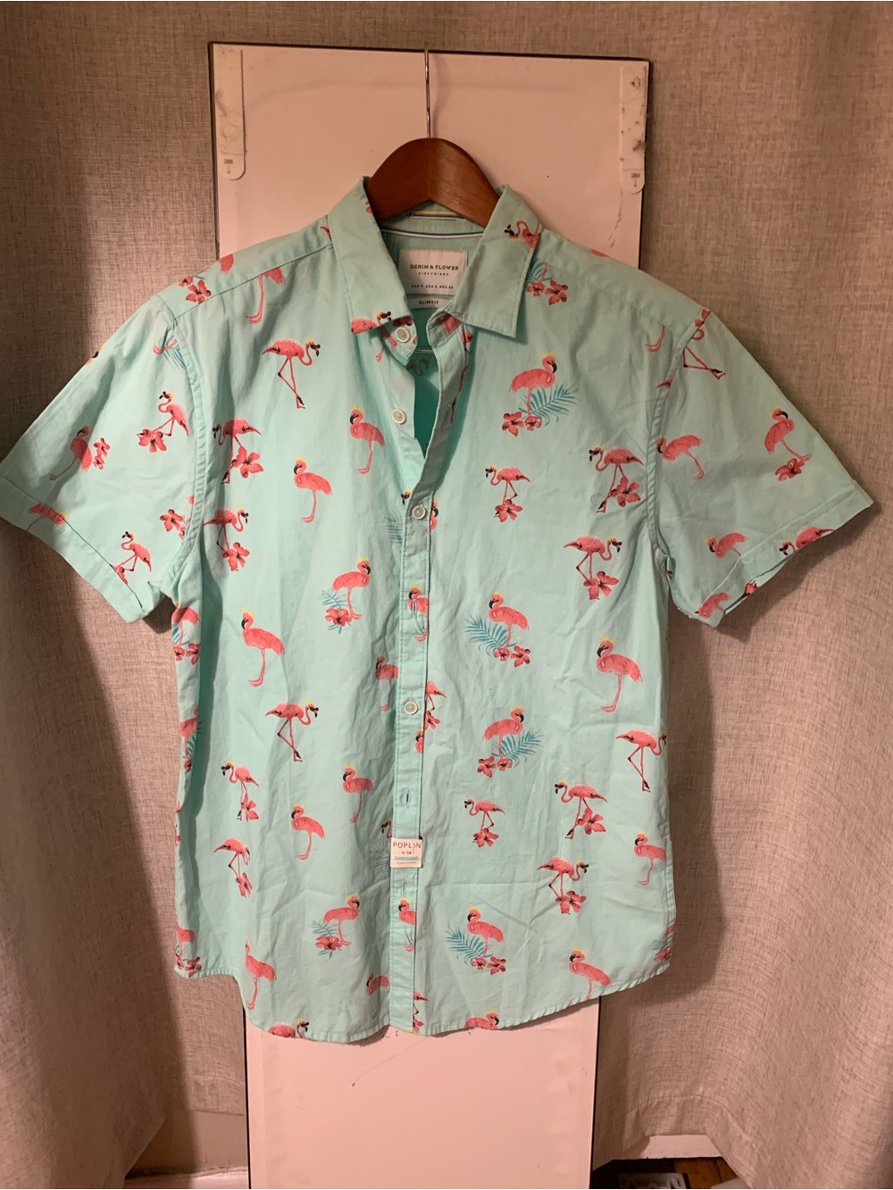 Denim & Flower Mint Green Short-Sleeve Button-Down with Pink Flamingo Print